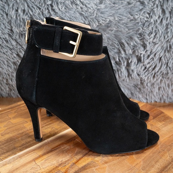 Size 8.5 - Adrienne Vittadini Gail Black Suede Leather High Heels Peep Toe Shoes - Picture 1 of 8